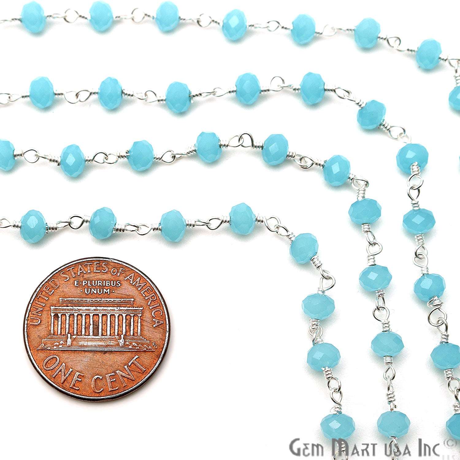 Aqua Chalcedony Faceted Beads Silver Plated Wire Wrapped Rosary Chain - GemMartUSA
