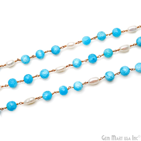 Turquoise & Pearl With Gold Wire Wrapped Rosary Chain