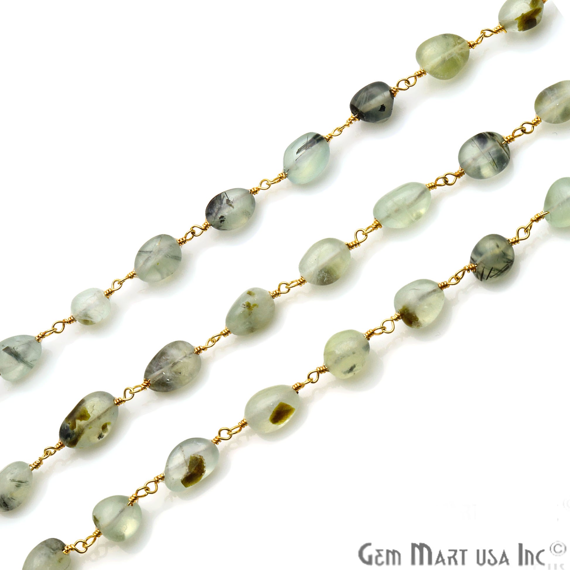 Fluorite Tumble Beads 10x6mm Gold Plated Wire Wrapped Rosary Chain - GemMartUSA