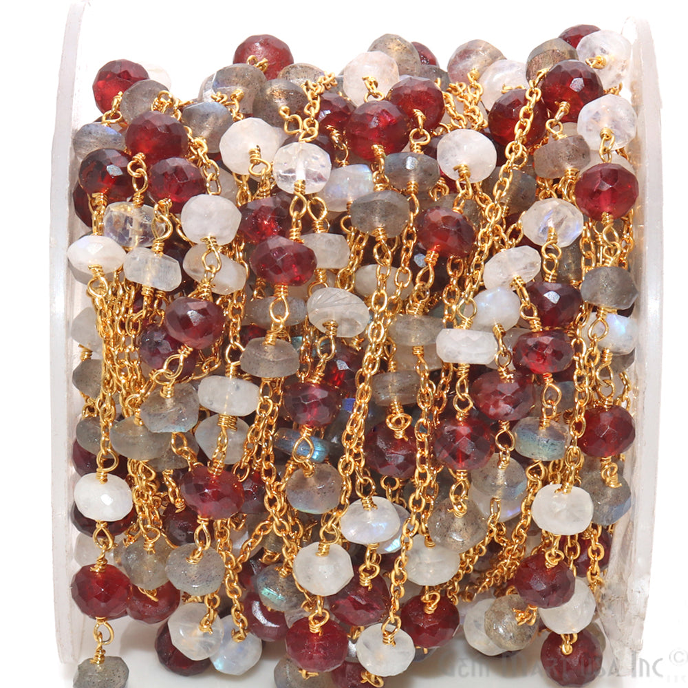 Multi Color Gemstone 5-6mm Beaded Gold Plated Wire Wrapped Rosary Chain - GemMartUSA