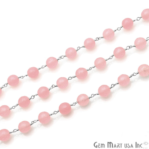 Baby Pink Jade Faceted Silver Plated Wire Wrapped Rosary Chain - GemMartUSA