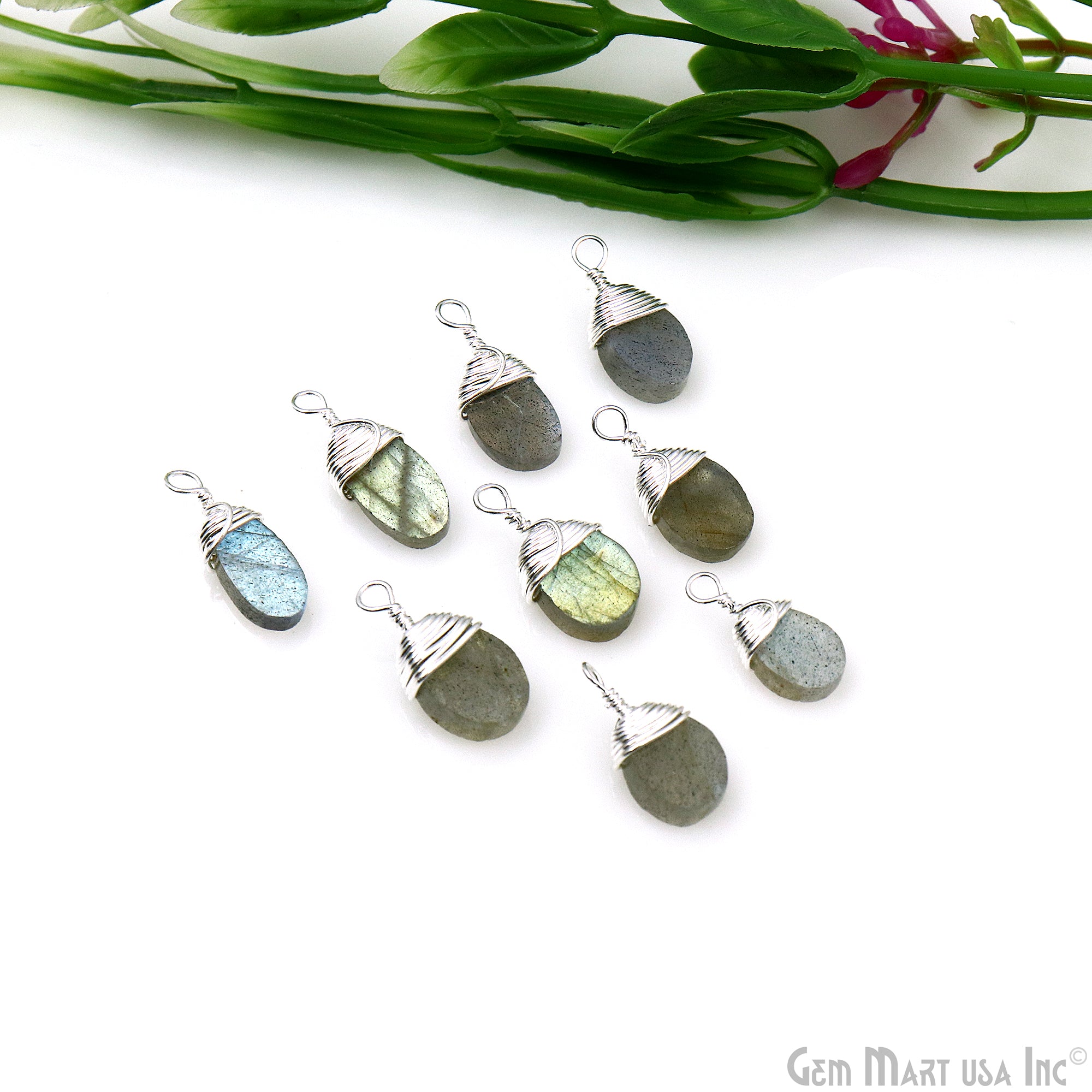 Labradorite 17x7mm Oval Single Bail Silver Wire Wrapped Gemstone Connector
