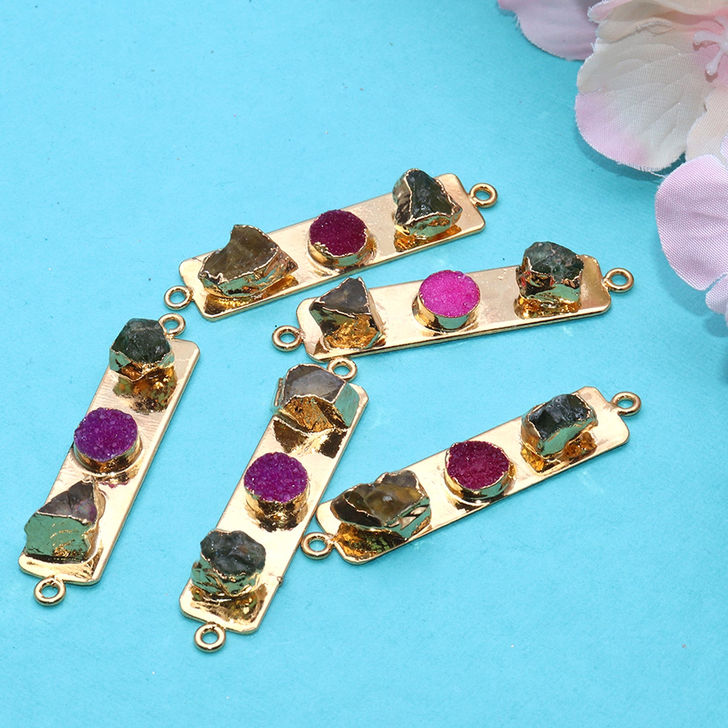 Multi Color Gemstone Organic 50x11mm Gold Edged Connector Connector - GemMartUSA