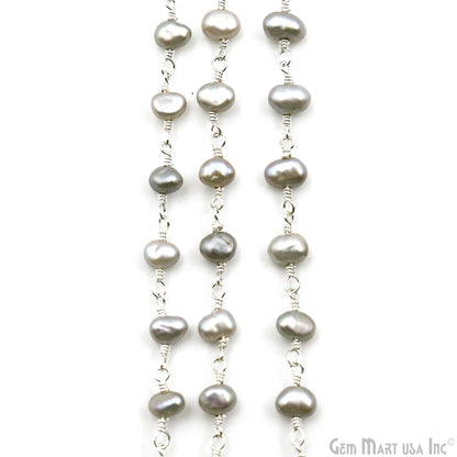 Gray Pearl Free Form Beads 4-5mm Silver Plated Wire Wrapped Rosary Chain