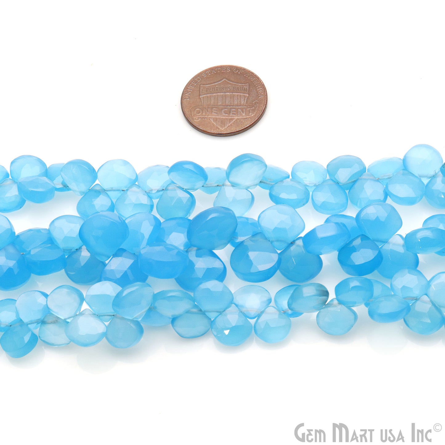 Sky Blue Chalcedony Heart Beads, 8 Inch Gemstone Strands, Drilled Strung Briolette Beads, Heart Shape, 7-10mm