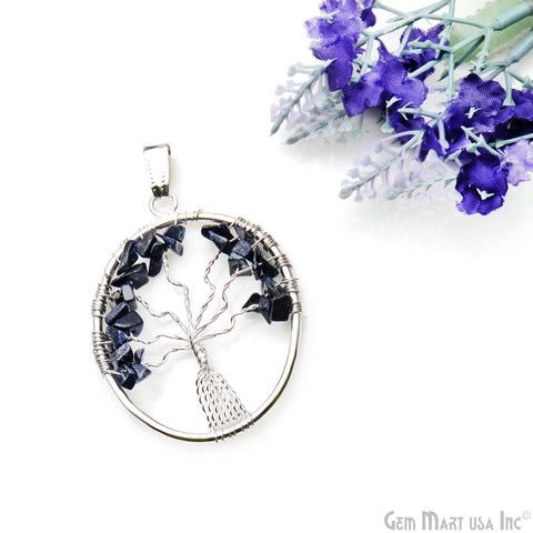 Tree of Life Blue Sandstone Oval Silver Wire Wrapped 46x35mm Chakra Pendant