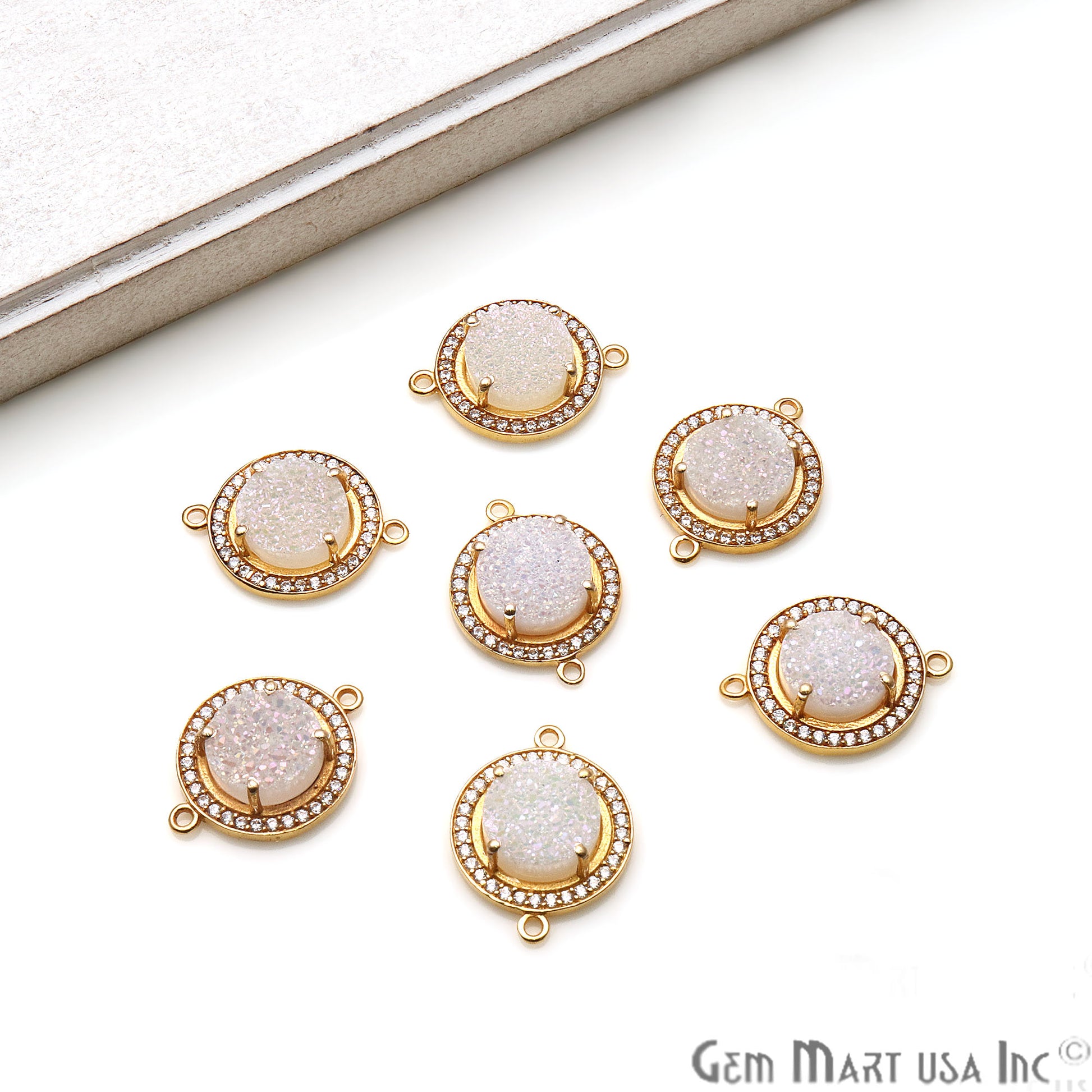 White Druzy Cubic Zircon Round 10mm Gold Plated Double Bail Connector (Pick Pave Color) - GemMartUSA