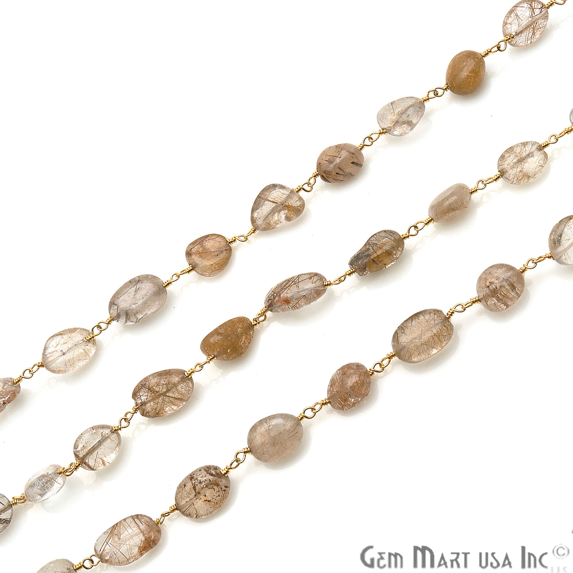 Brown Rutile Tumble Beads 10x6mm Gold Plated Wire Wrapped Rosary Chain - GemMartUSA