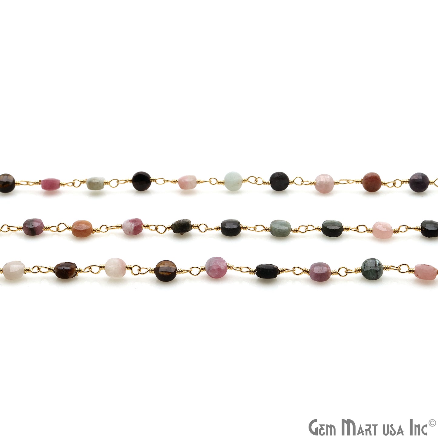 Dark Multi Tourmaline Faceted 3-4mm Gold Wire Wrapped Rosary Chain - GemMartUSA