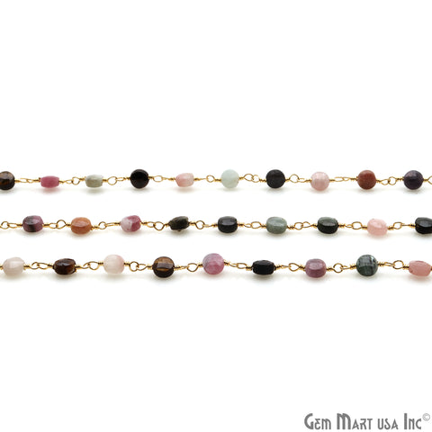 Dark Multi Tourmaline Faceted 3-4mm Gold Wire Wrapped Rosary Chain - GemMartUSA