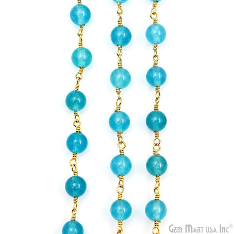 Sky Blue Jade Cabochon Beads 6mm Gold Plated Gemstone Rosary Chain