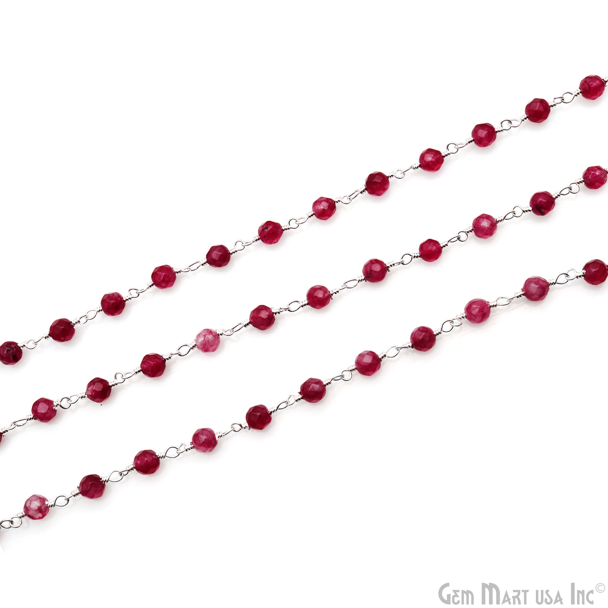 Ruby Jade 4mm Faceted Beads Silver Wire Wrapped Rosary Chain
