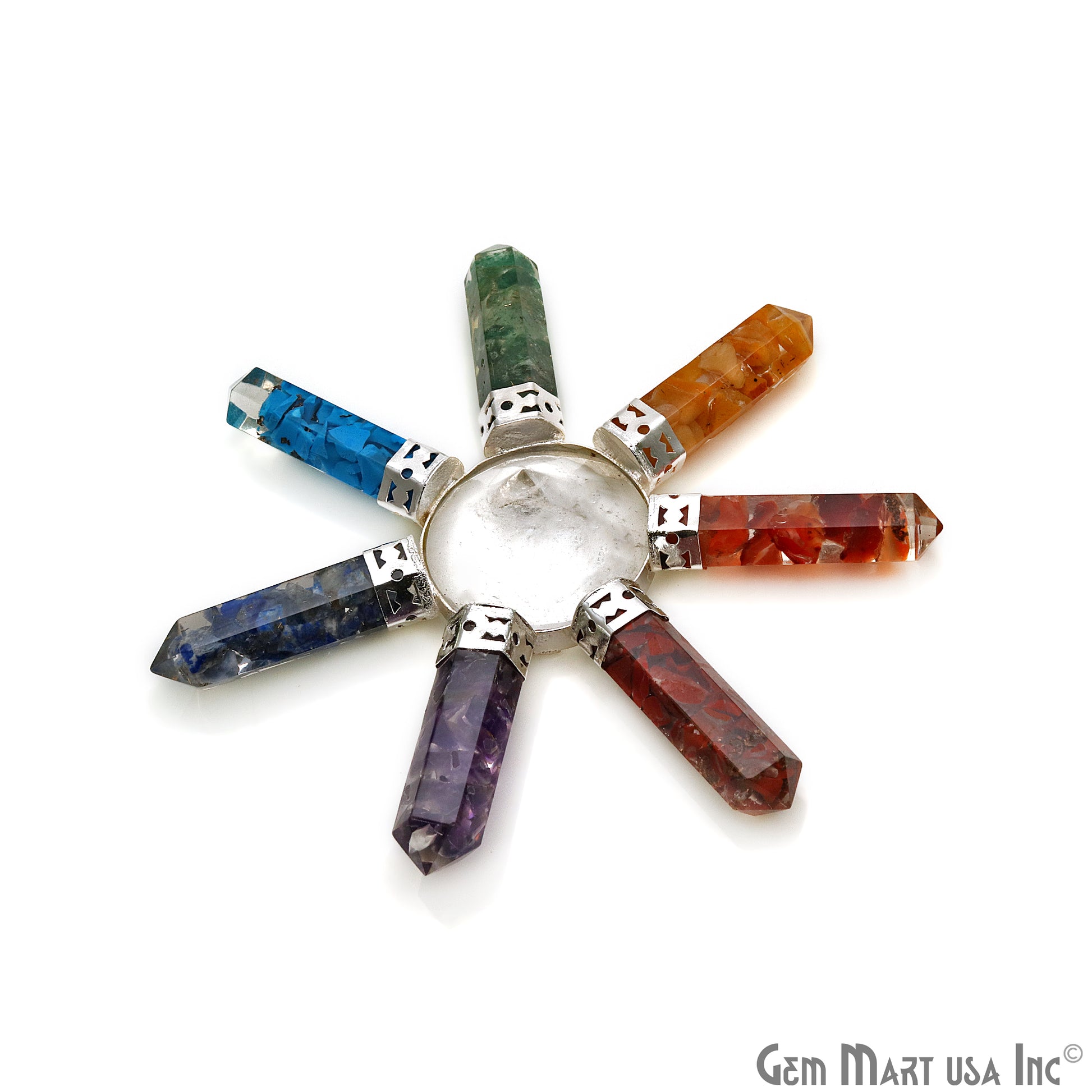 Crystal Pyramid, Seven Chakra pencil pendants, Silver Plated Filigree, Seven Chakra Stones, Home Decor, Healing Crystals 3INCH - GemMartUSA