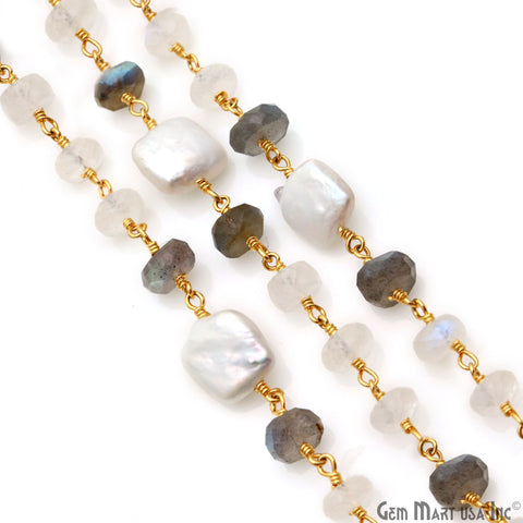 Labradorite, Rainbow Moonstone & Pearl Beads Gold Plated Rosary Chain
