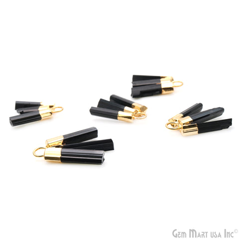Black Tourmaline 26x16mm Gemstone 3 Bars Gold Electroplated Necklace Pendant