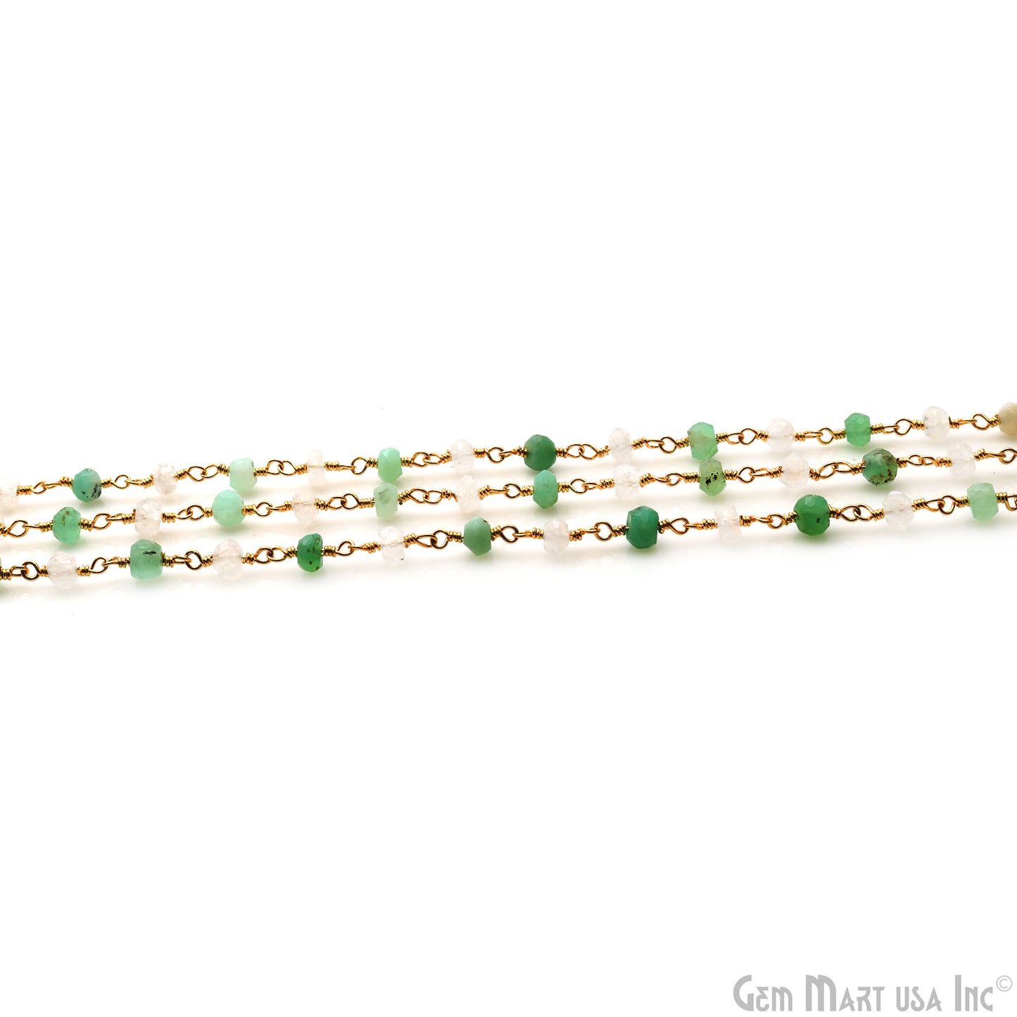 Chrysoprase With Rainbow Faceted 3-3.5mm Gold Wire Wrapped Beads Rosary Chain