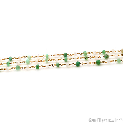 Chrysoprase With Rainbow Faceted 3-3.5mm Gold Wire Wrapped Beads Rosary Chain