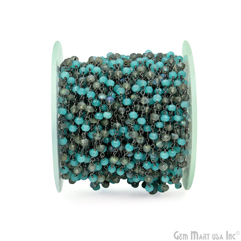 Aqua Chalcedony & Labradorite Faceted Beads 3-3.5mm Oxidized Gemstone Rosary Chain