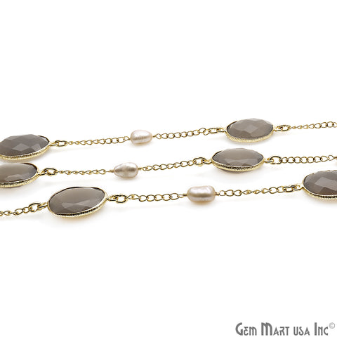 Smoky Chalcedony & Pearls Faceted Gold Plated Connector Chain - GemMartUSA