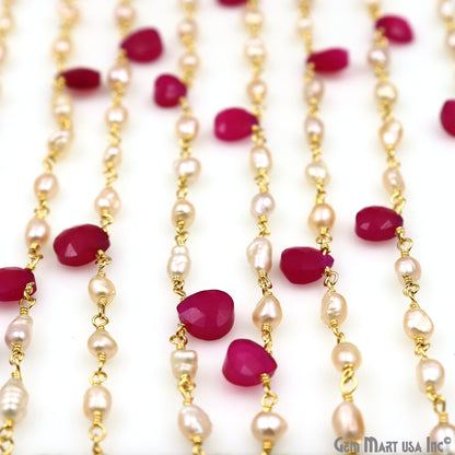 Pearl And Hot Pink Chalcedony Faceted Beads Gold Wire Wrapped Beads Rosary Chain