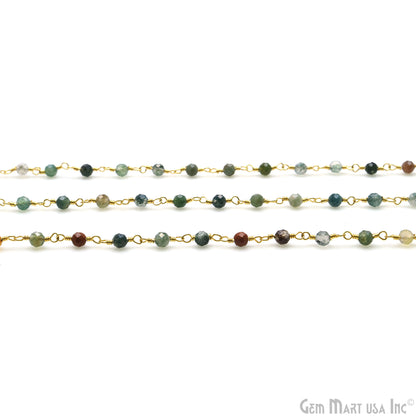 Moss Agate 3-3.5mm Gold Plated Beaded Wire Wrapped Rosary Chain