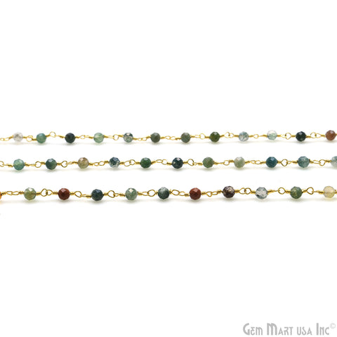 Moss Agate 3-3.5mm Gold Plated Beaded Wire Wrapped Rosary Chain