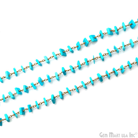Turquoise Smooth Square Shape 6-7mm Gold Wire Wrapped Rosary Chain