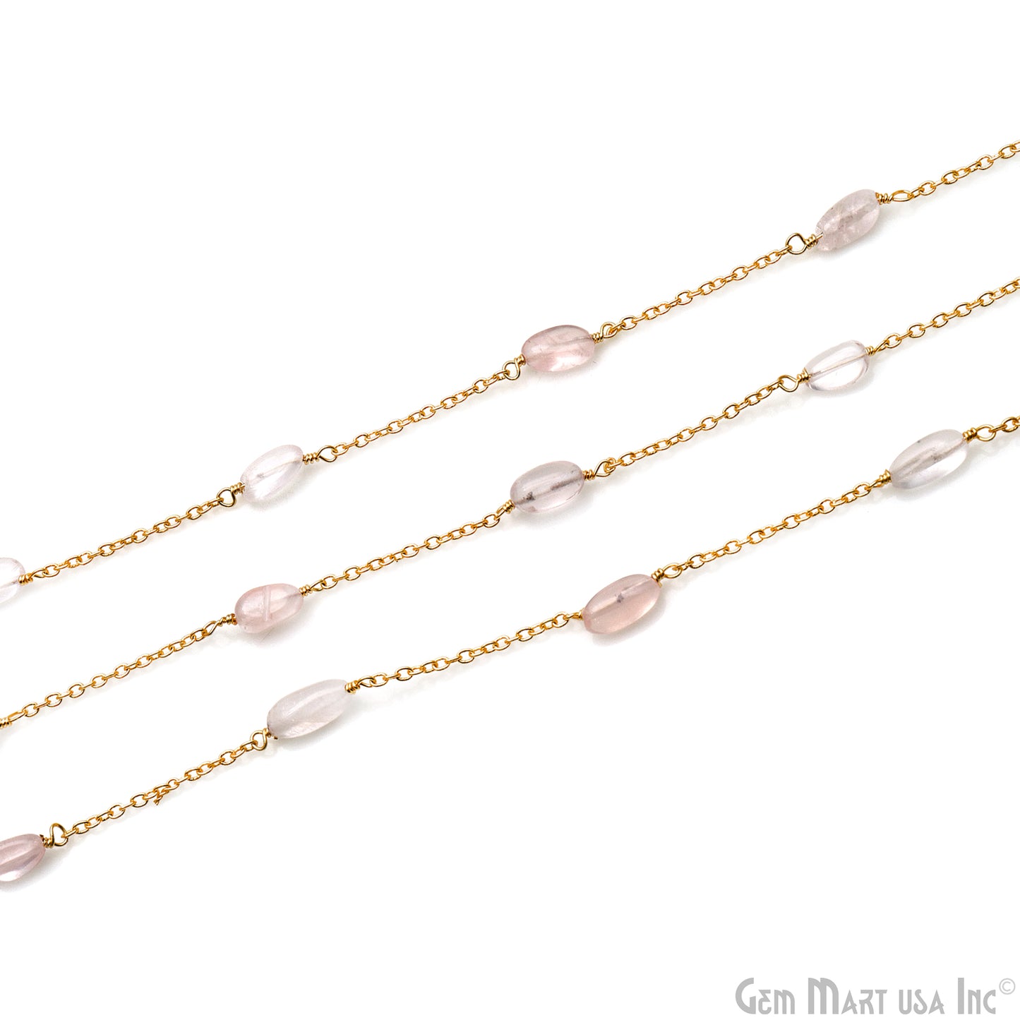 Rose Quartz Tumble Beads 10x6mm Gold Wire Wrapped Rosary Chain