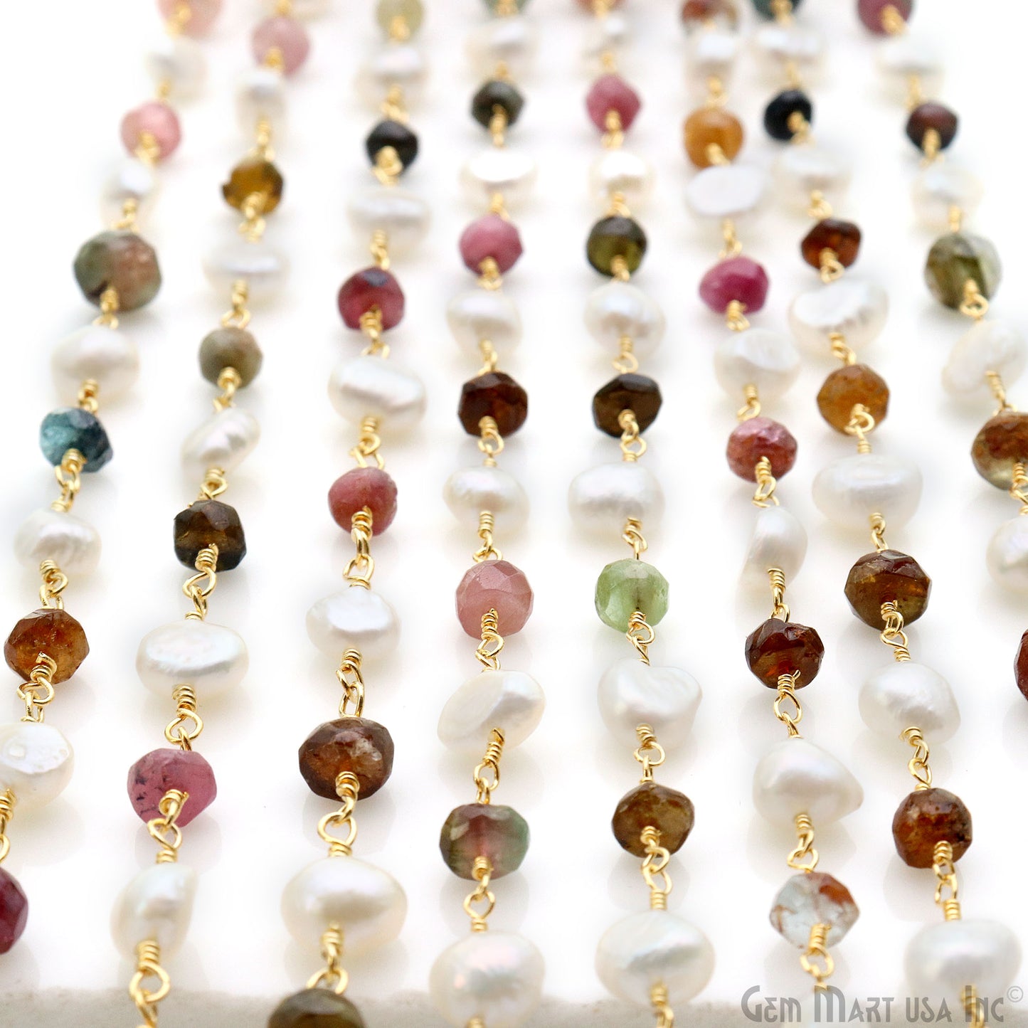 Multi Tourmaline & Freshwater Pearl Gold Plated Wire Wrapped Rosary Chain