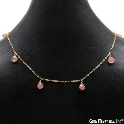 Strawberry Quartz Faceted Heart 8mm Beads Gold Wire Wrapped Dangle Rosary Chain