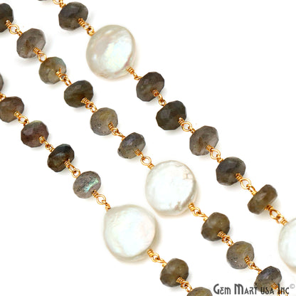 Labradorite Rondelle Beads 7-8mm & Pearl 13mm Beads Gold Plated Rosary Chain