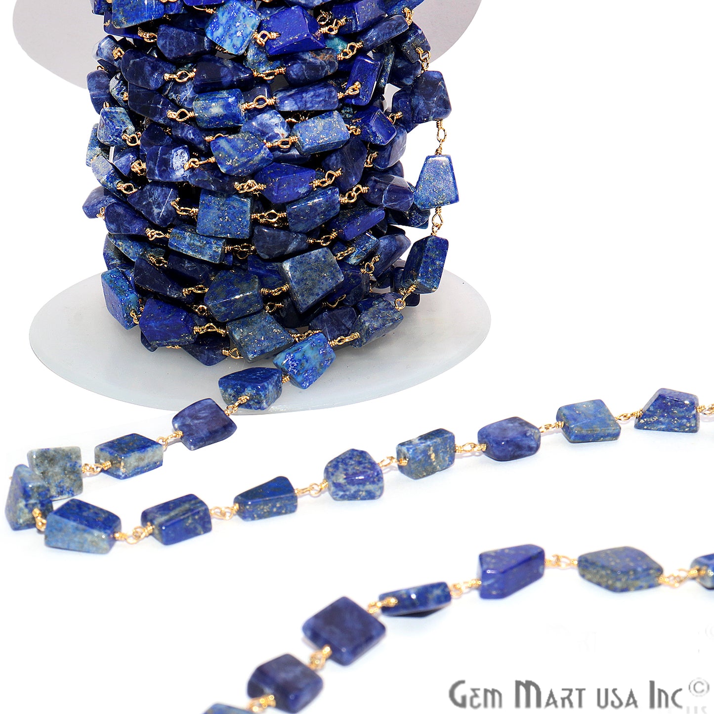 Lapis Smooth 12x8mm Tumble Gold Wire Wrap Rough Bead Faceted Rosary Chain - GemMartUSA