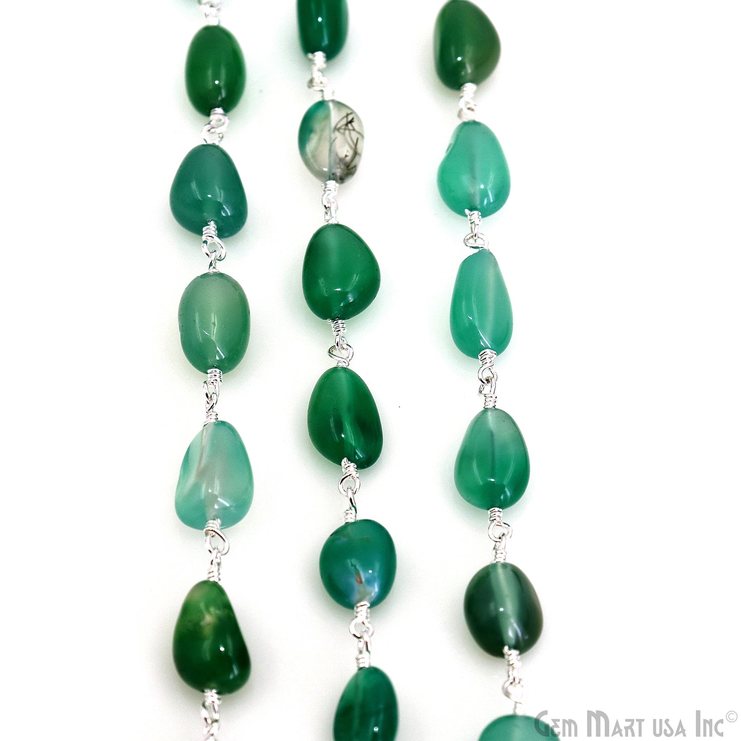 Shaded Green Onyx 12x5mm Tumble Beads Silver Plated Rosary Chain