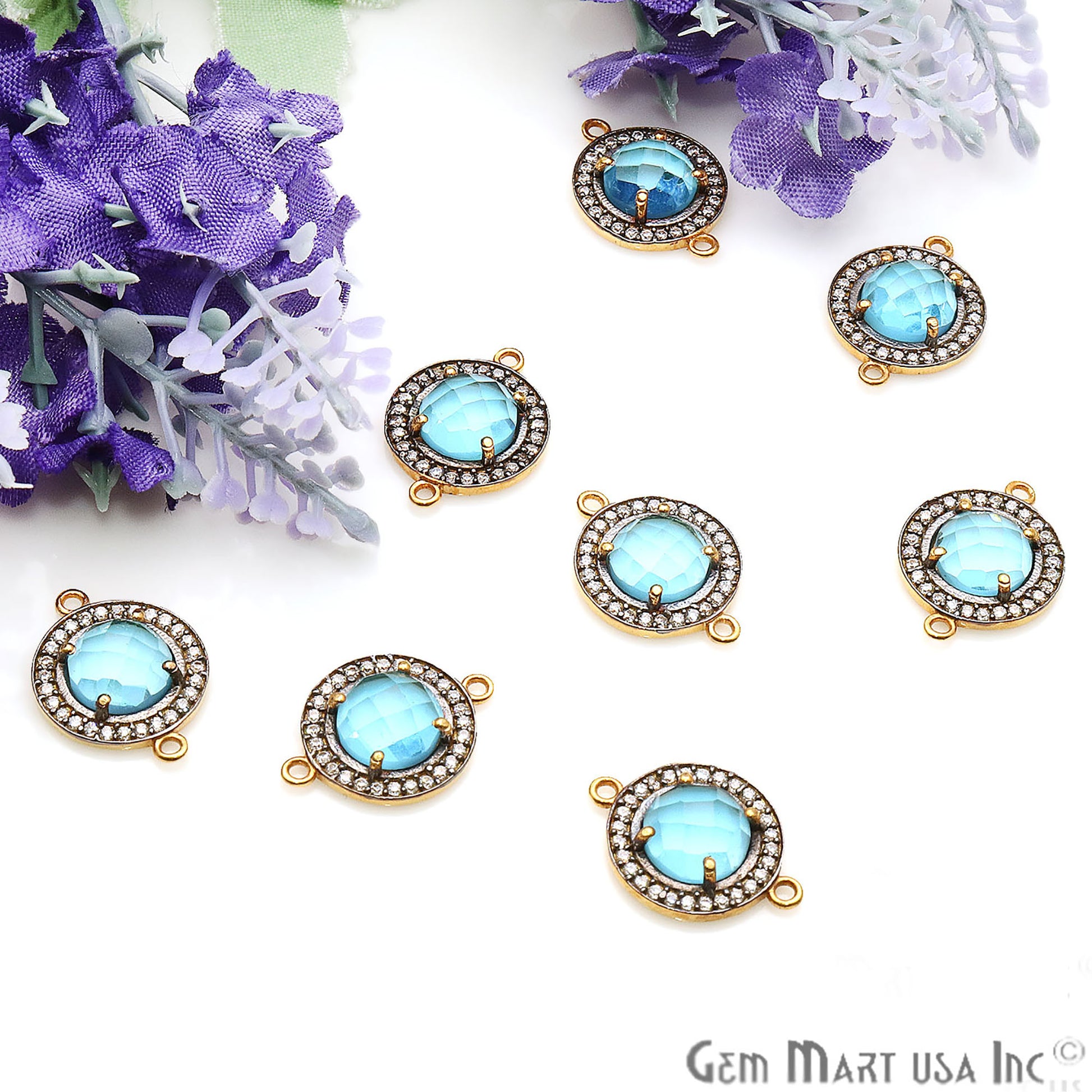 Blue Topaz Round 10mm Black Pave Double Bail Gemstone Connector - GemmartUSA