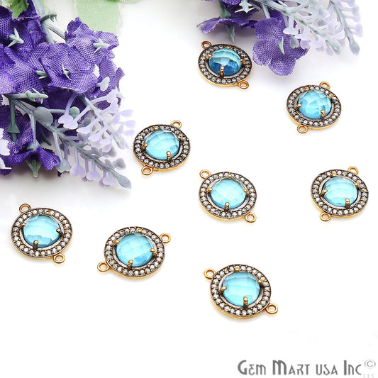 Blue Topaz Round 10mm Black Pave Double Bail Gemstone Connector - GemmartUSA