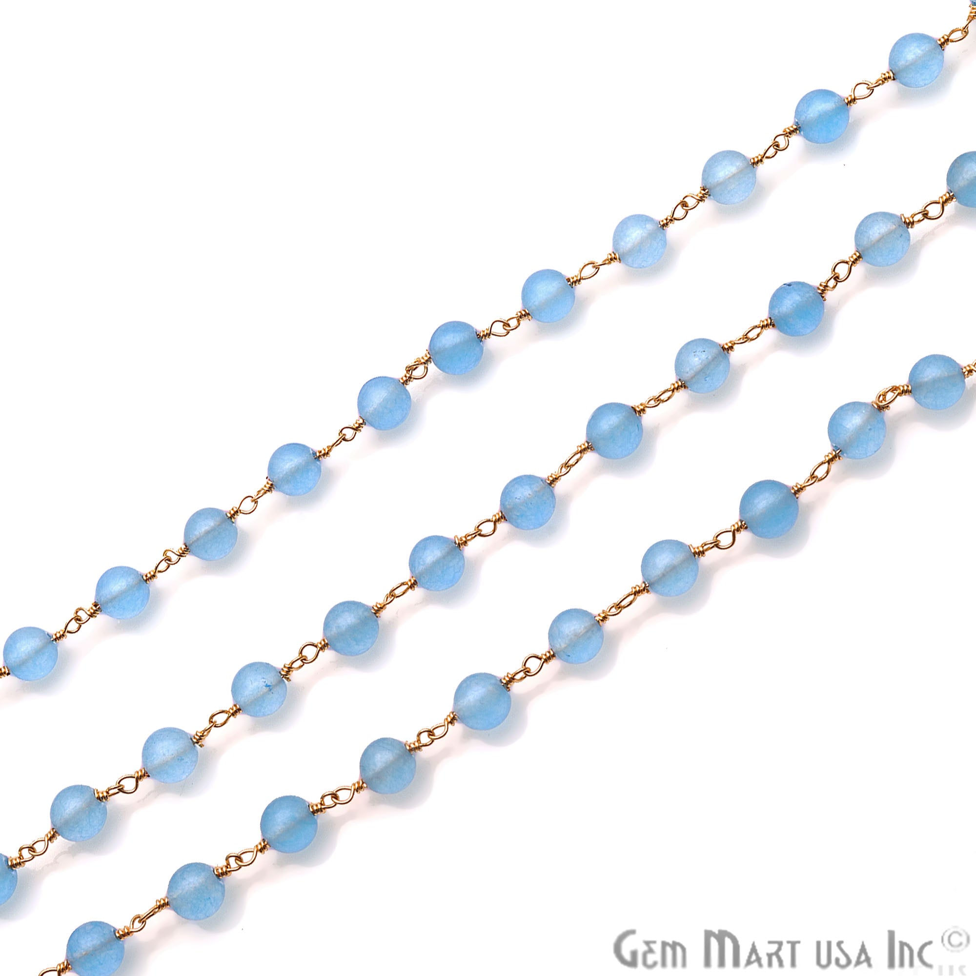 Baby Blue Jade Smooth Beads Gold Plated Wire Wrapped Rosary Chain - GemMartUSA