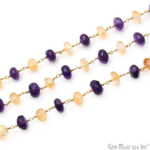 Amethyst $ Citrine Gold Wire Wrapped Rosary Chain