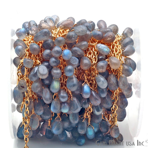 Labradorite Faceted Beads Gold Wire Wrapped Dangle Rosary Chain - GemMartUSA