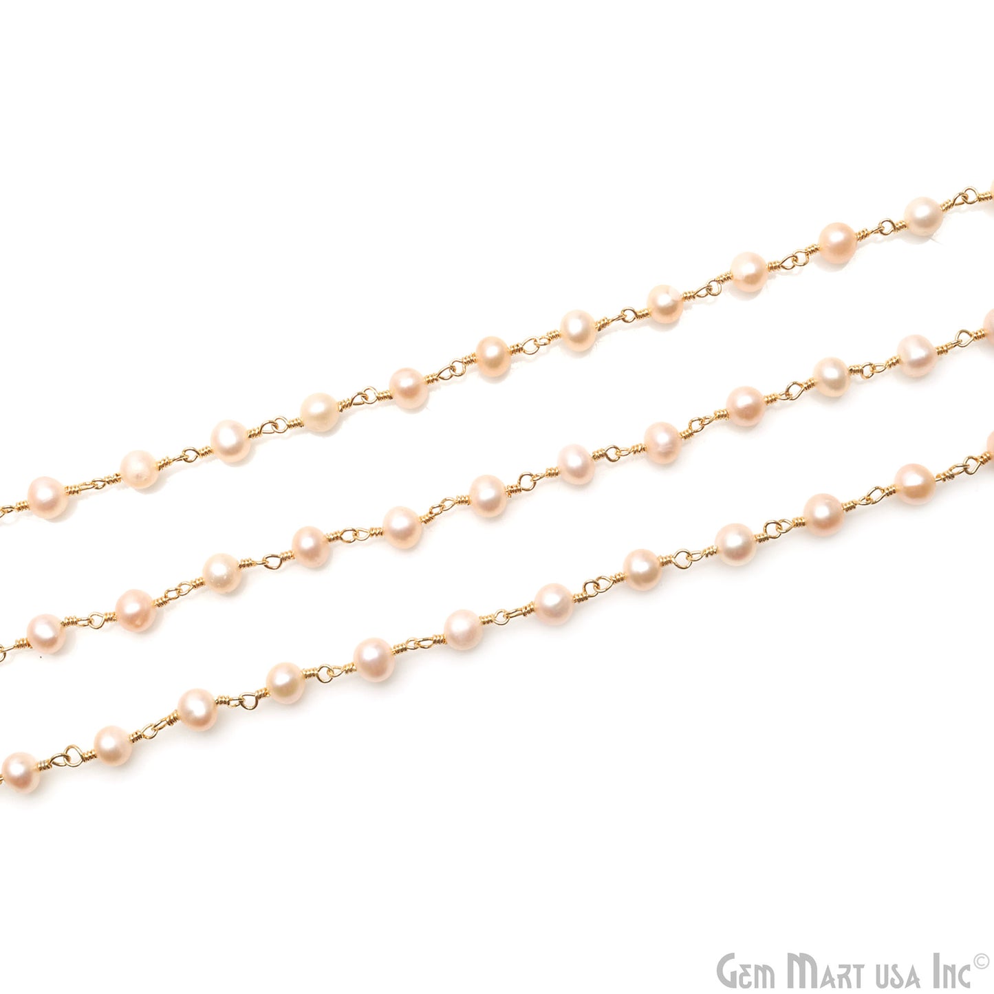 Pink Pearl Free Form 5-6mm Gold Wire Wrapped Beads Rosary Chain