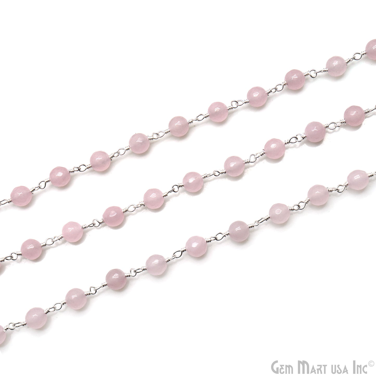 Rose Quartz Cabochon 6-7mm Silver Wire Wrapped Rosary Chain