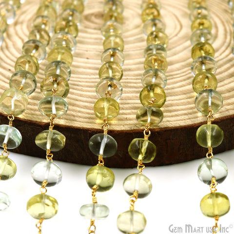 Green Amethyst & Lemon Topaz Cabochon Beads 9-10mm Gold Wire Wrapped Rosary Chain