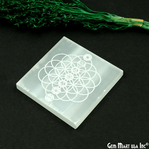 Selenite Rectangle Plate Shape 67x65mm Engraved Chakra Symbols Reiki Healing Meditation Gemstones