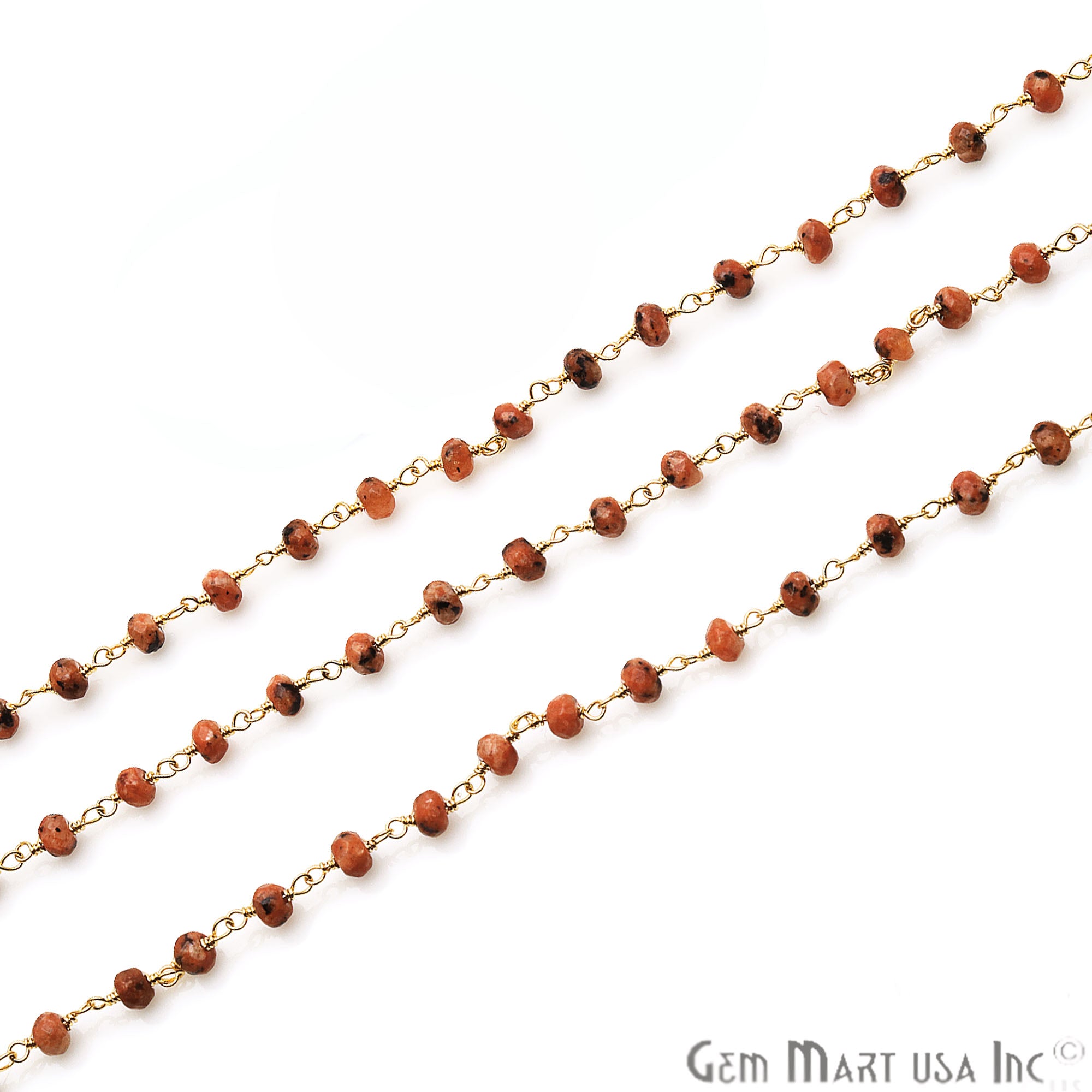 Fire Opal Jade Faceted Beads 4mm Gold Plated Wire Wrapped Rosary Chain - GemMartUSA