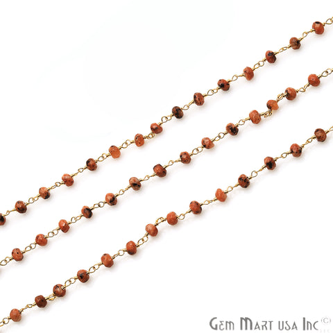 Fire Opal Jade Faceted Beads 4mm Gold Plated Wire Wrapped Rosary Chain - GemMartUSA