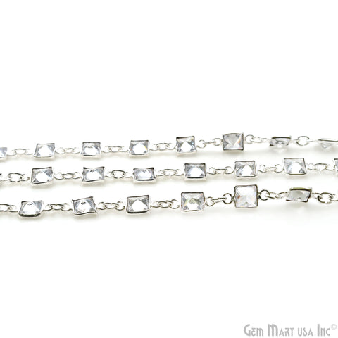 White Zircon Faceted Square 5mm Silver Plated Continuous Connector Chain
