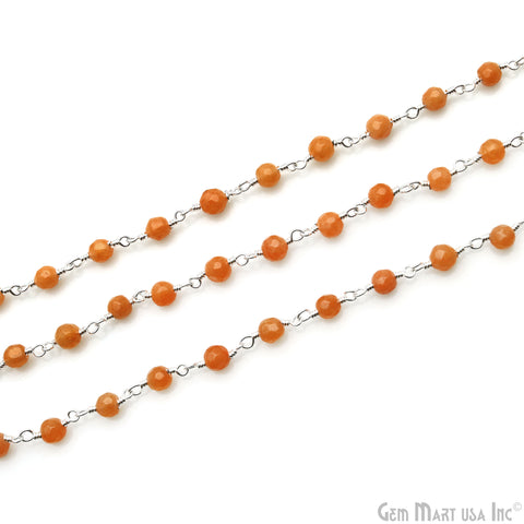 Orange Jade 4mm Faceted Beads Silver Wire Wrapped Rosary Chain