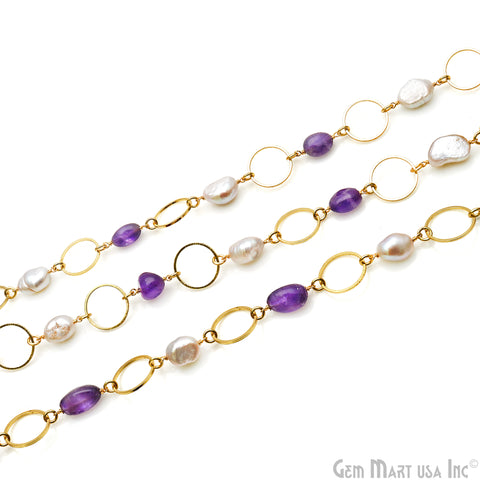 Amethyst & Pearl With Gold Round Finding Rosary Chain