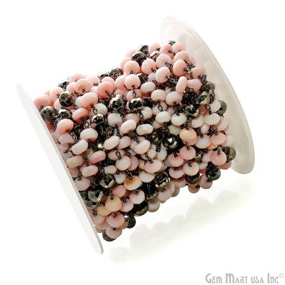 Pink Opal & Black Pyrite Rondelle Bead Oxidized Wire Wrapped Rosary Chain