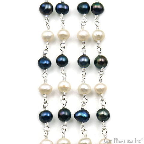 Black Pearl & Pearl Cabochon Beads 5-6mm Silver Plated Gemstone Rosary Chain