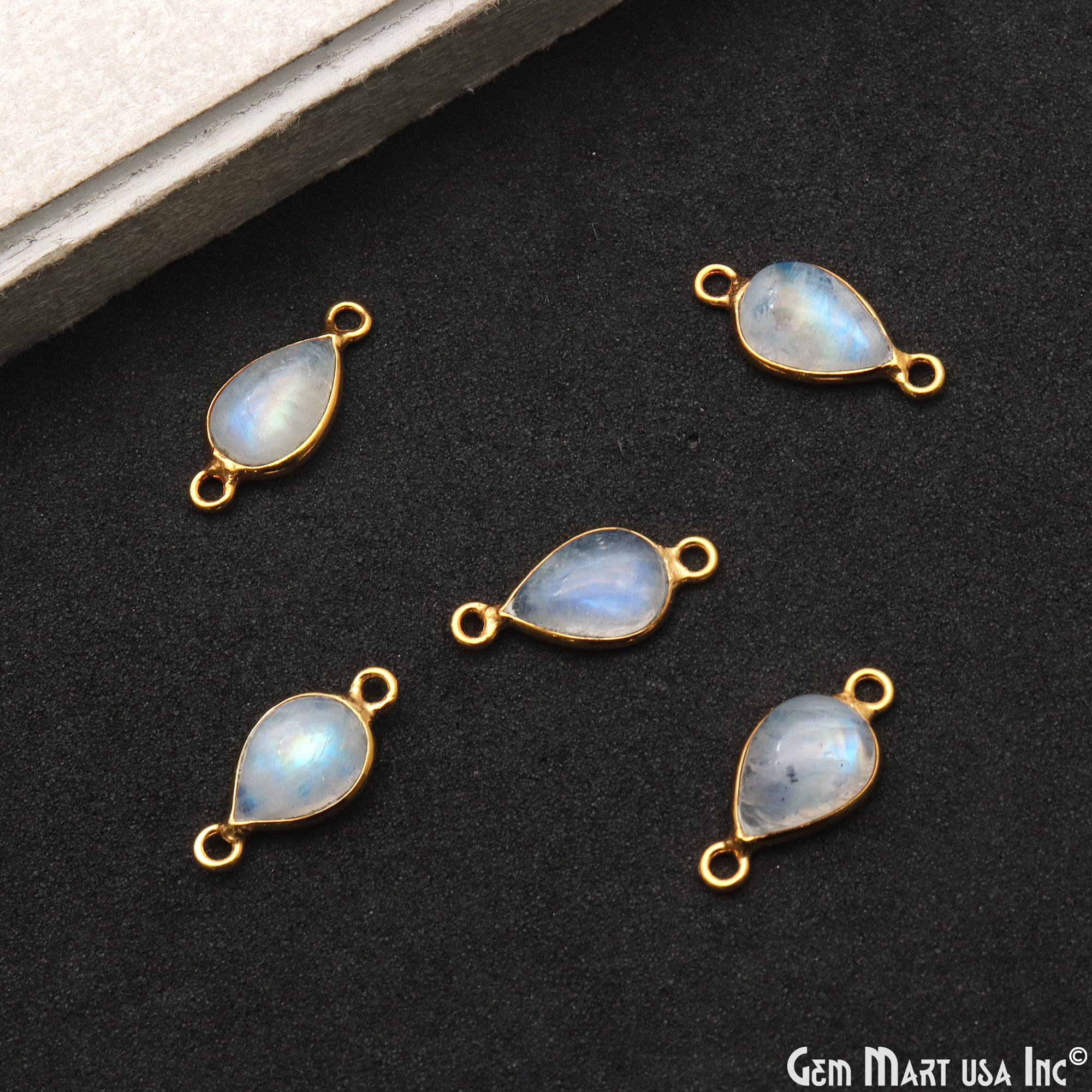 Rainbow Moonstone Cabochon 7x10mm Pears Double Bail Gold Bezel Connector